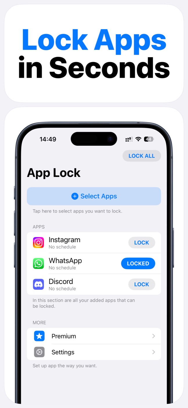 App Lock main screen showing selected apps and lock controls