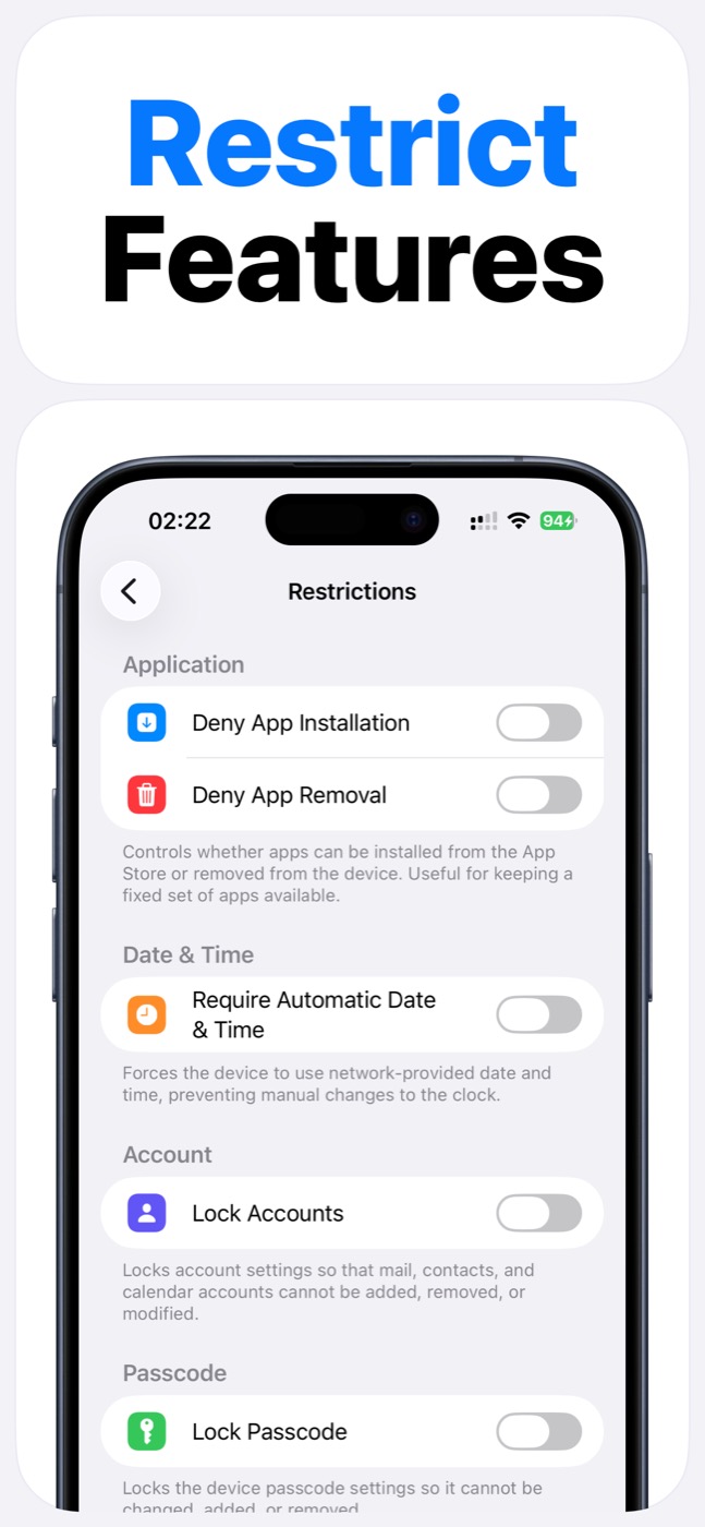 App Lock restrictions screen for device feature controls