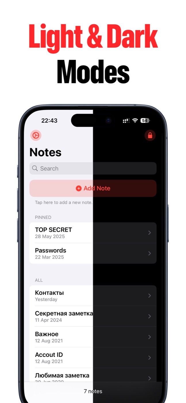 Lock Notes screenshot showing light and dark mode note themes