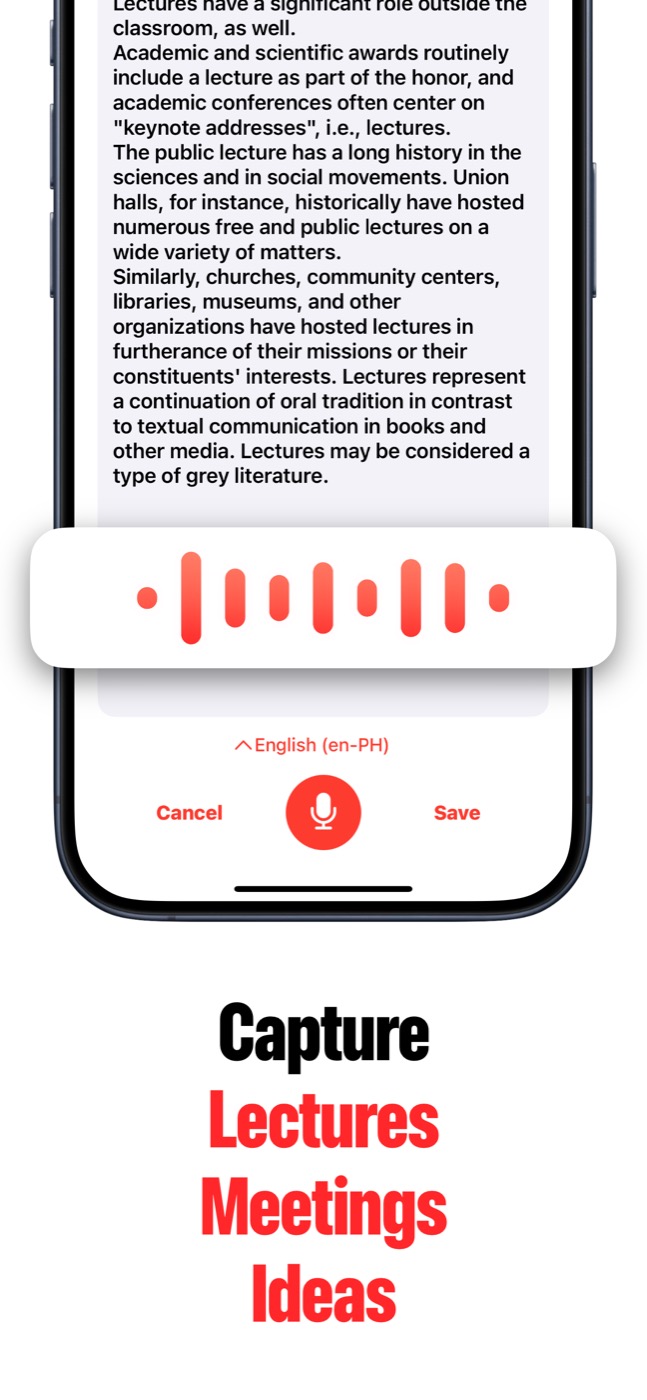 Speech to Text recording a lecture, meeting, or idea