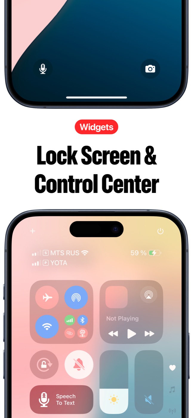 Speech to Text screenshot showing Lock Screen and Control Center widgets