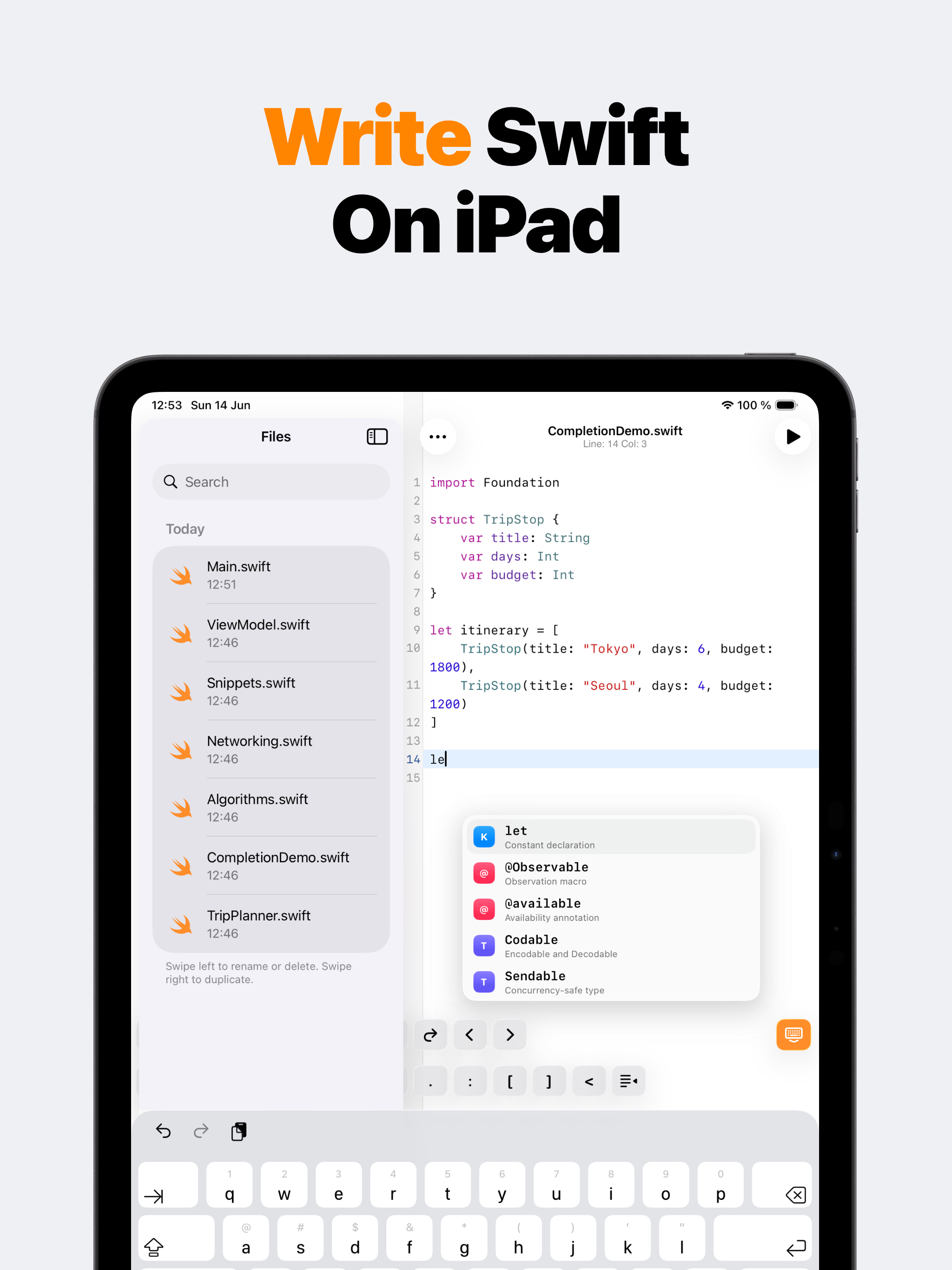 SwiftMate file sidebar and Swift editor on iPad