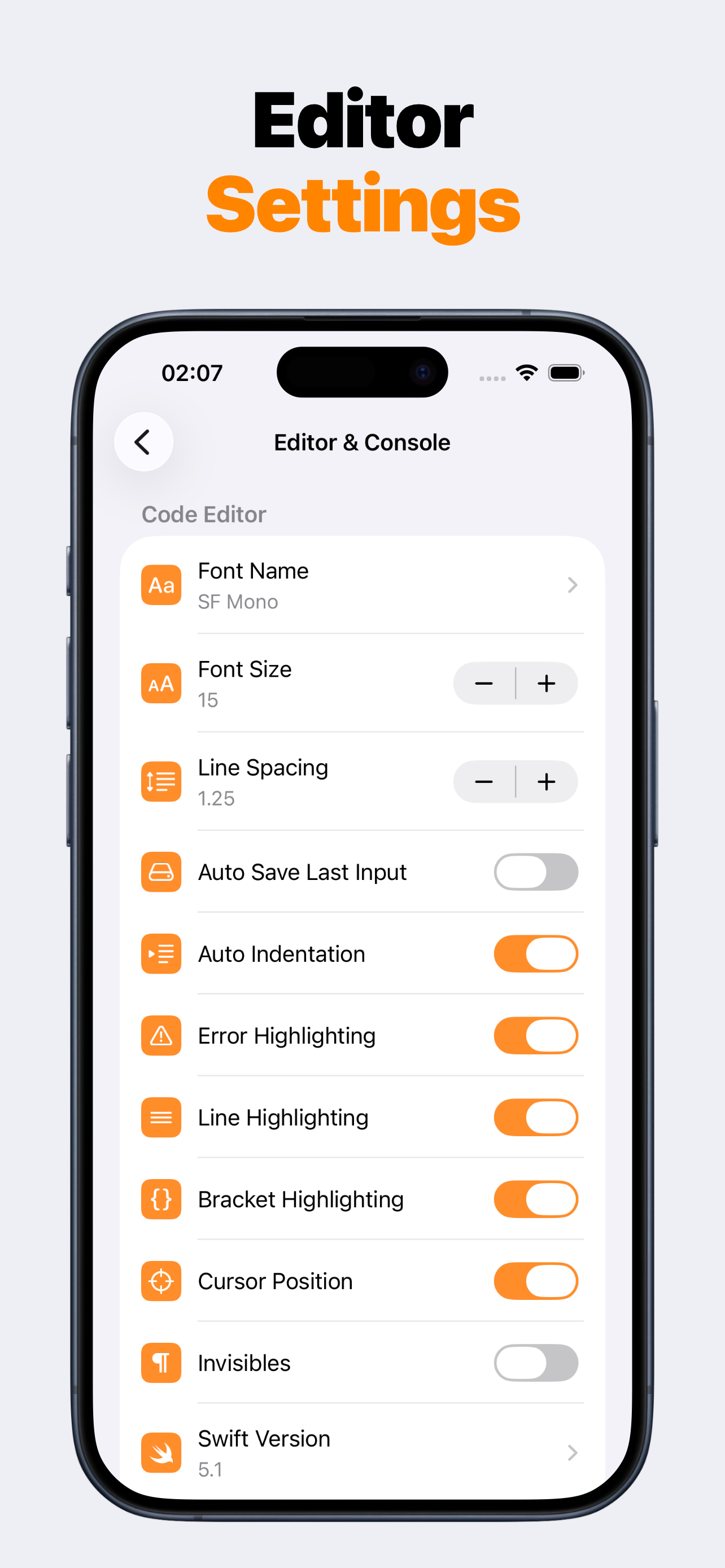 SwiftMate editor settings on iPhone