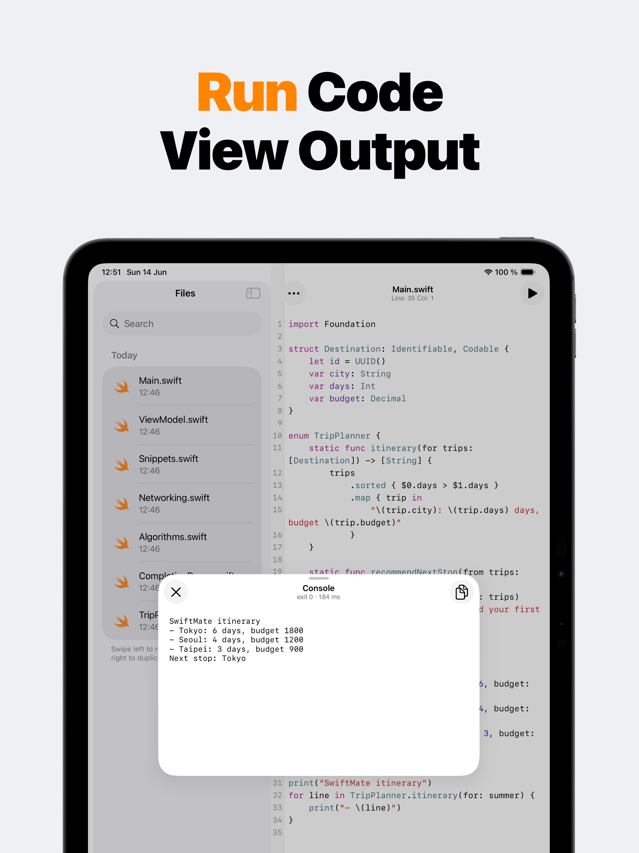 SwiftMate running Swift code and showing console output on iPad