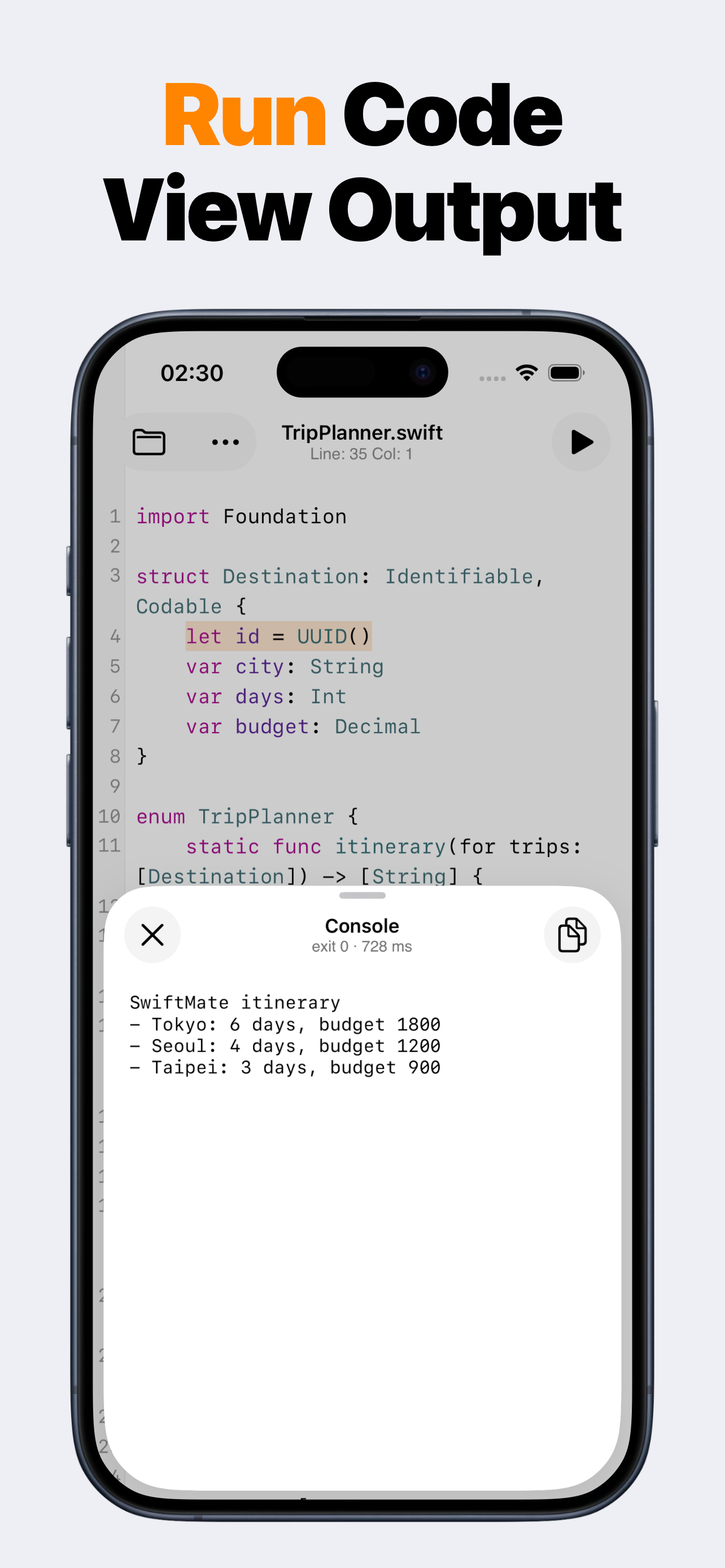 SwiftMate running a Swift snippet and displaying console output