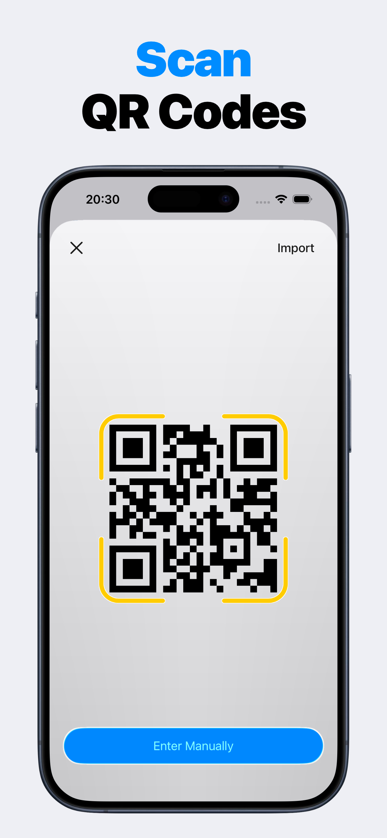Authenticator 2FA screenshot showing QR setup for one-time password codes