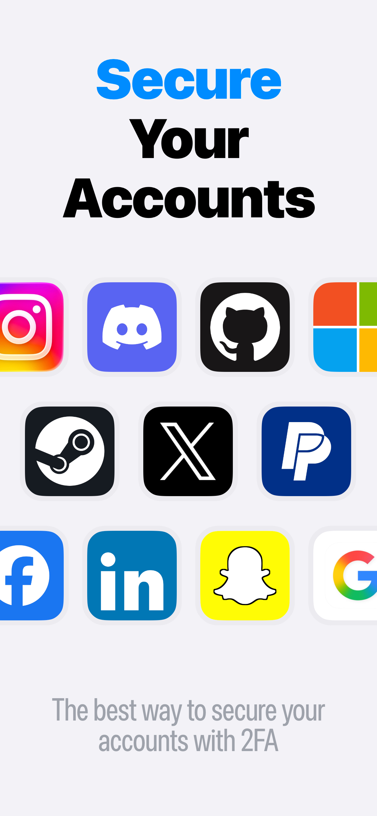 Authenticator 2FA screenshot showing services that support two-factor authentication